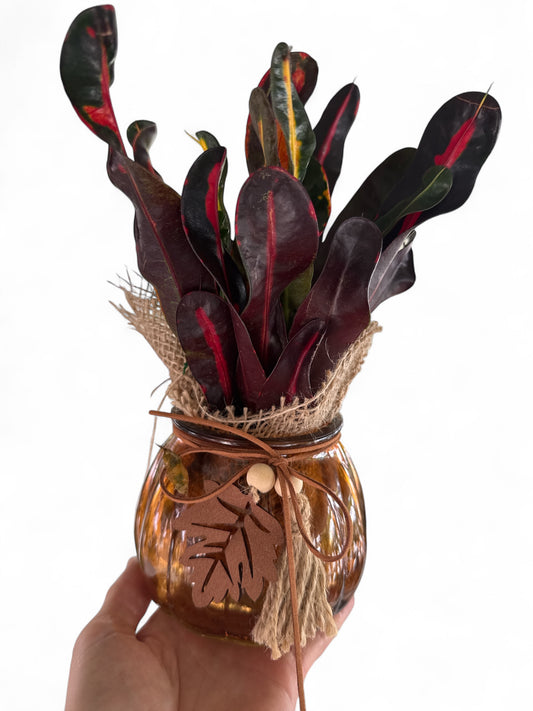 5" Glass Pumpkin w/Burlap & Crotons